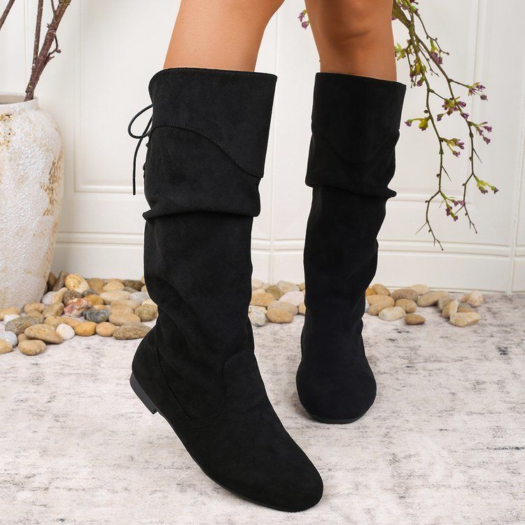 Womens Highshaft Pleated Suede Chunkyheel Boots foto 3