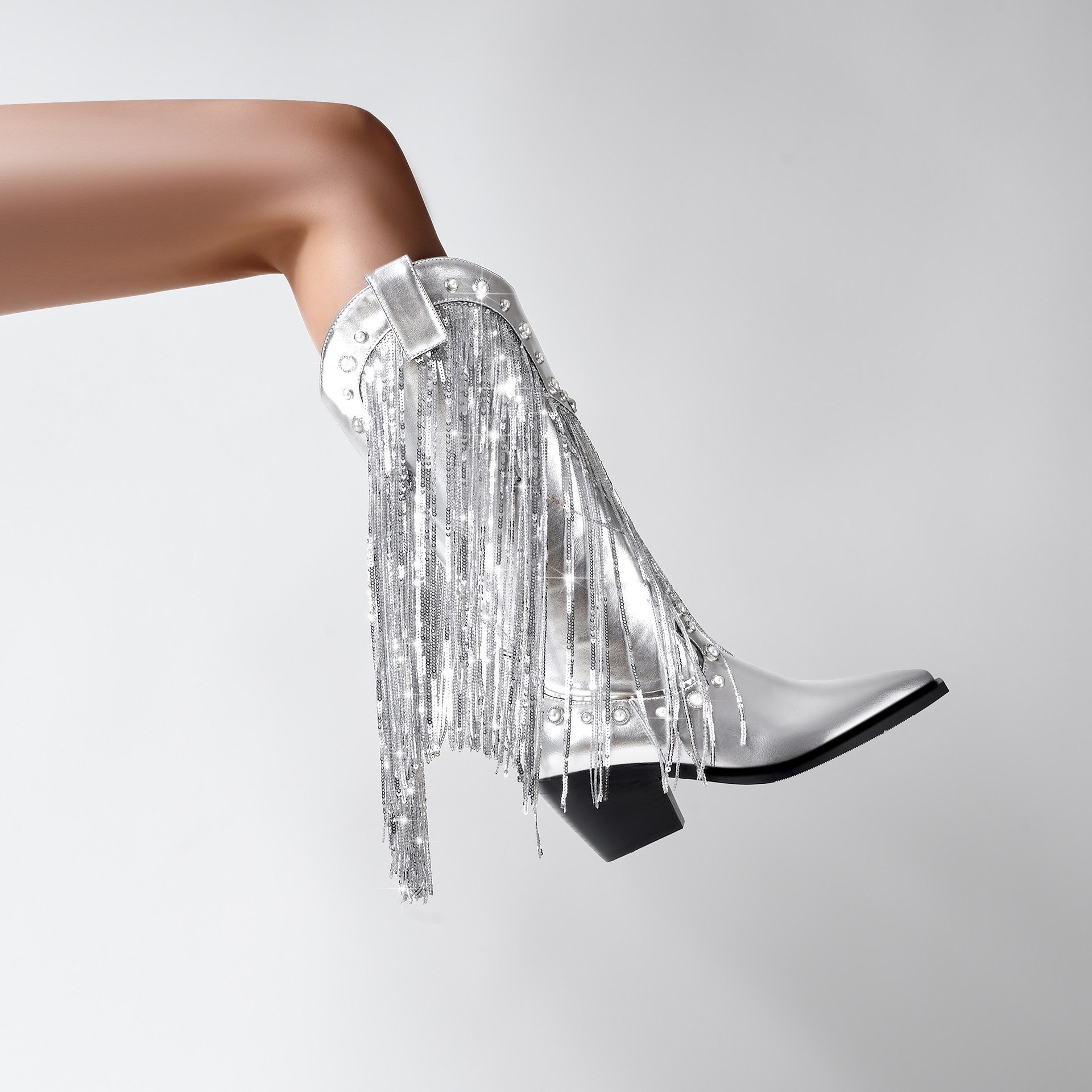 Sequin Tassel Pointed Sleeve High Leg Boot foto 3