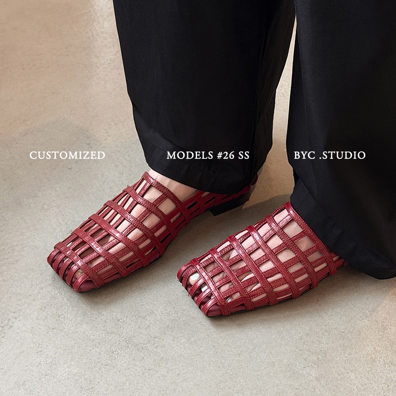Women's Handmade Full-Grain Leather Woven Caged Flat Sandals, Square Toe Sheepskin Lined Retro Shoes