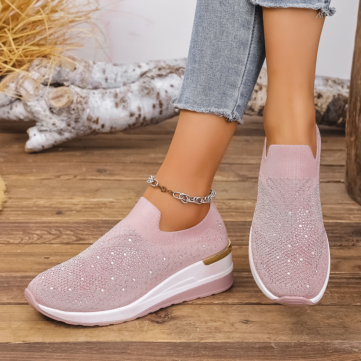 Pumps Women's Summer Wedge Round Toe Rhinestone Slip-on Women's Pumps Pumps foto 5