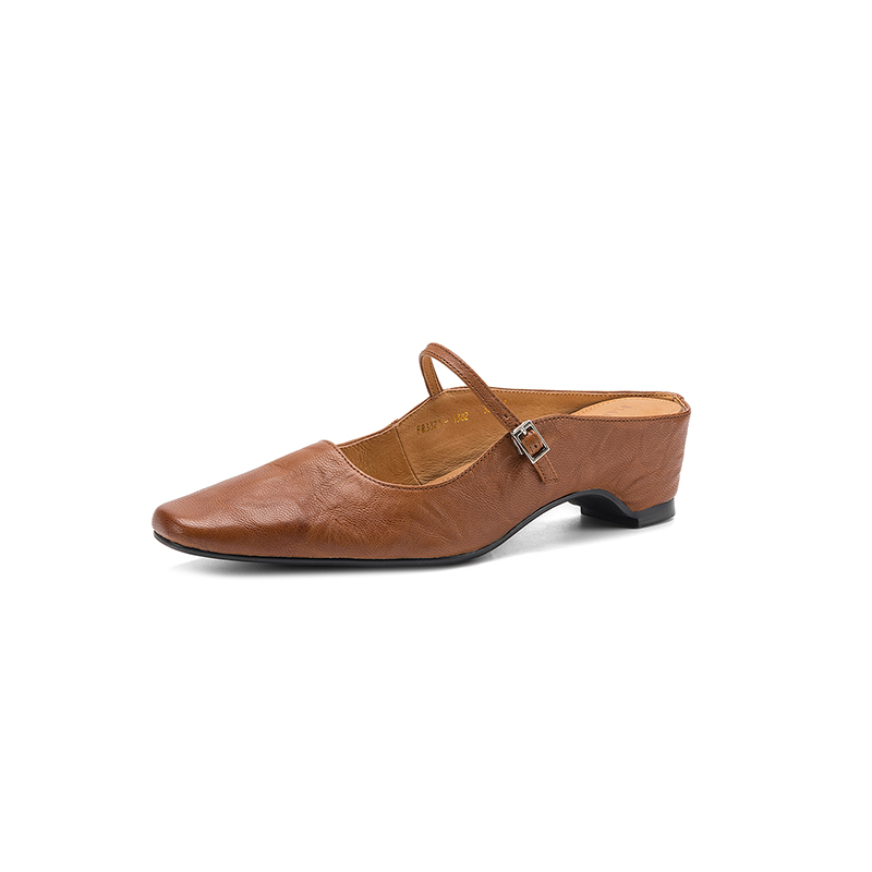 Women's Handmade Genuine Sheepskin Mary Jane Mules, Square-Toe Low Block Heel Slides foto 4