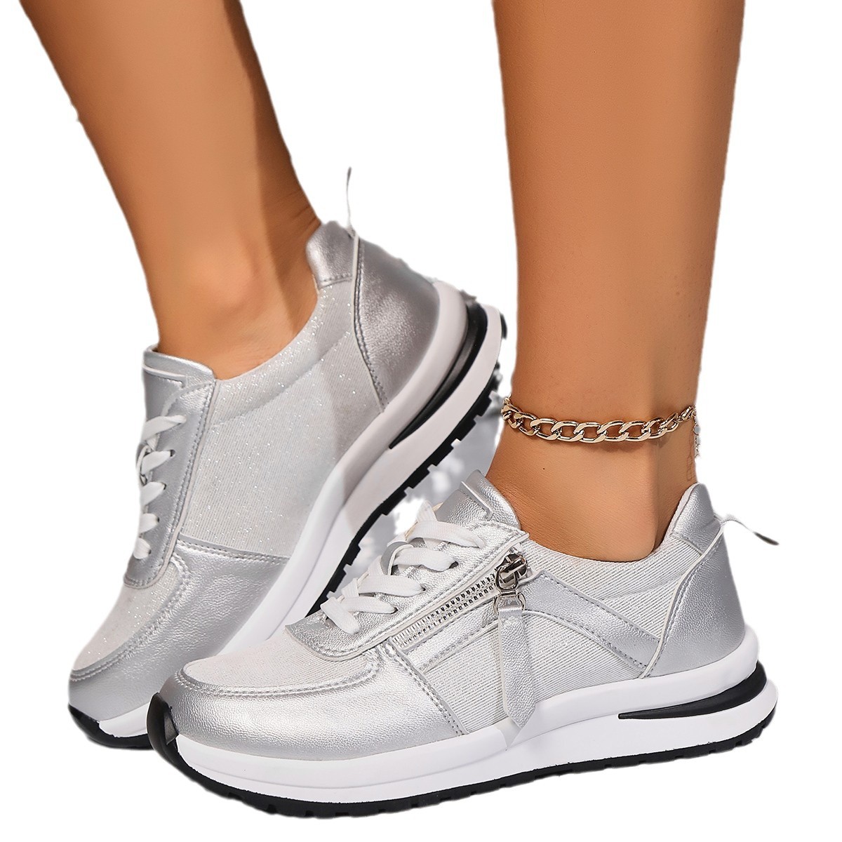 European And American Large Size Flat Bottom Round Head Solid Color Front Lace-up Women's Pumps foto 5