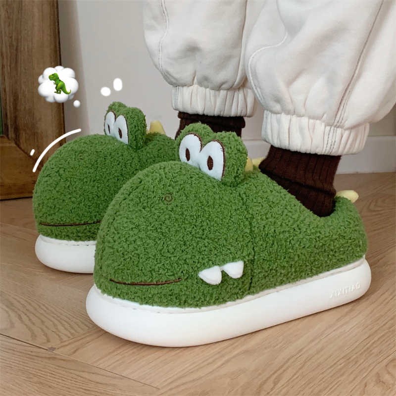 Fuzzy Slippers Warm Indoor Postpartum Cotton Shoes For Women Cute Winter Dinosaur Design foto 2