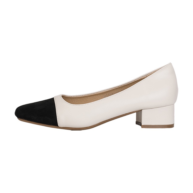 Womens French-style Soft Leather Patchwork Chanel-inspired Chunky-heel Square-toe Pumps foto 5