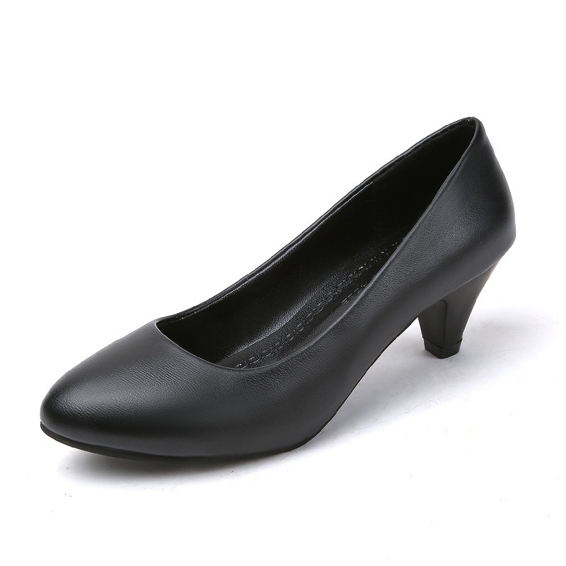 Black Leather High Heels Mid-heel Stiletto foto 2