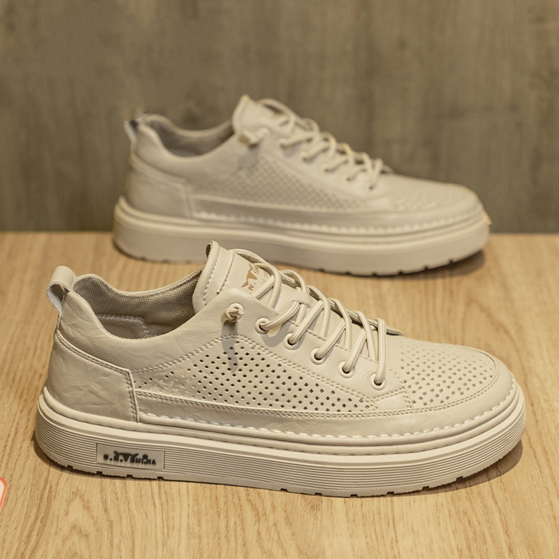 Autumn Hollow White Flat Shoes Men's Slip-on Genuine Leather foto 3