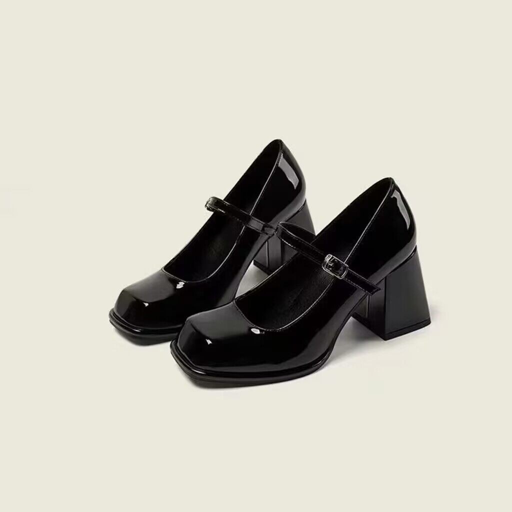 Women's Retro Black Leather Shoes Square Toe Chunky Heel Shoes foto 5