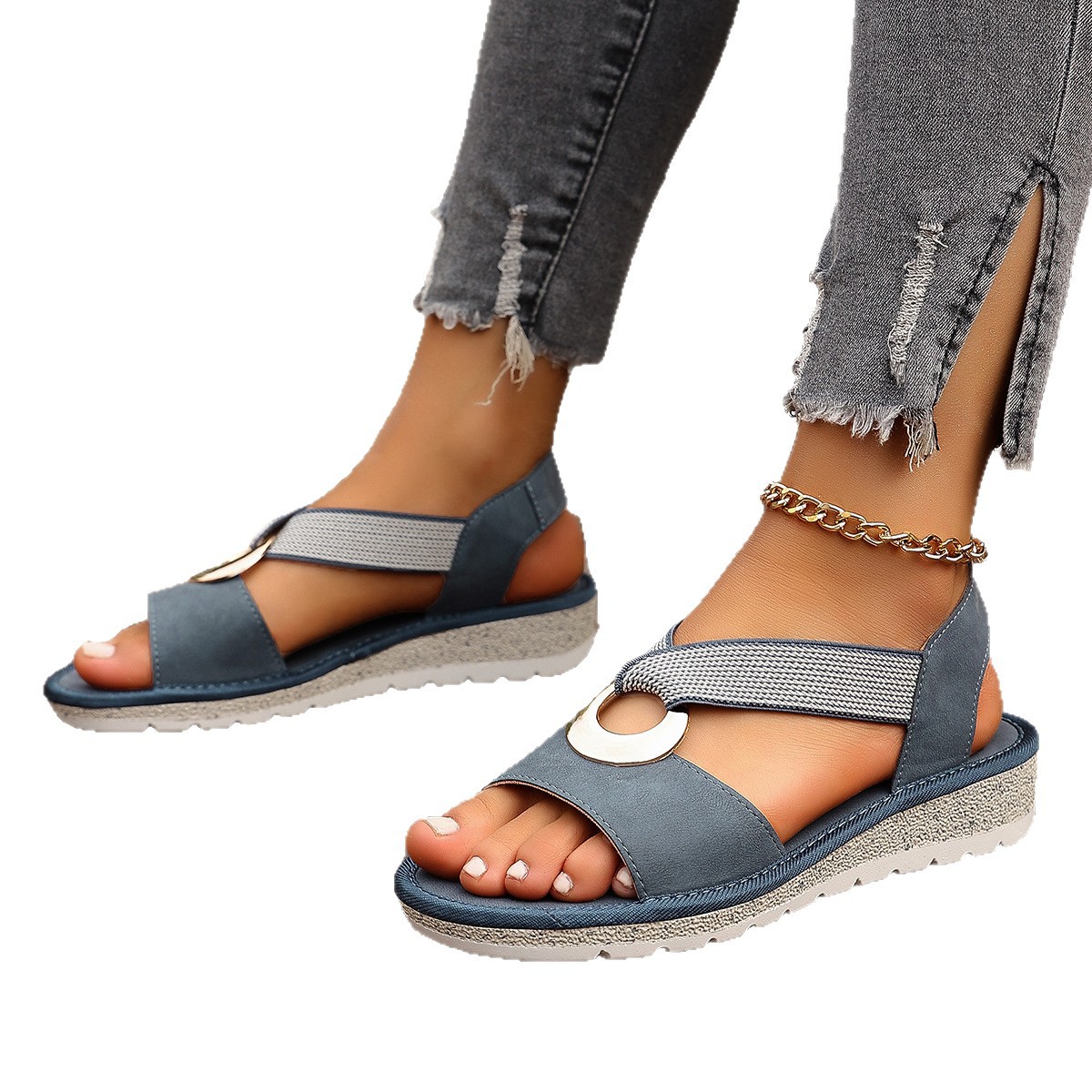 Plus-size Fish-mouth Wedge Sandals With A Jute Sole And Elastic Strap foto 2