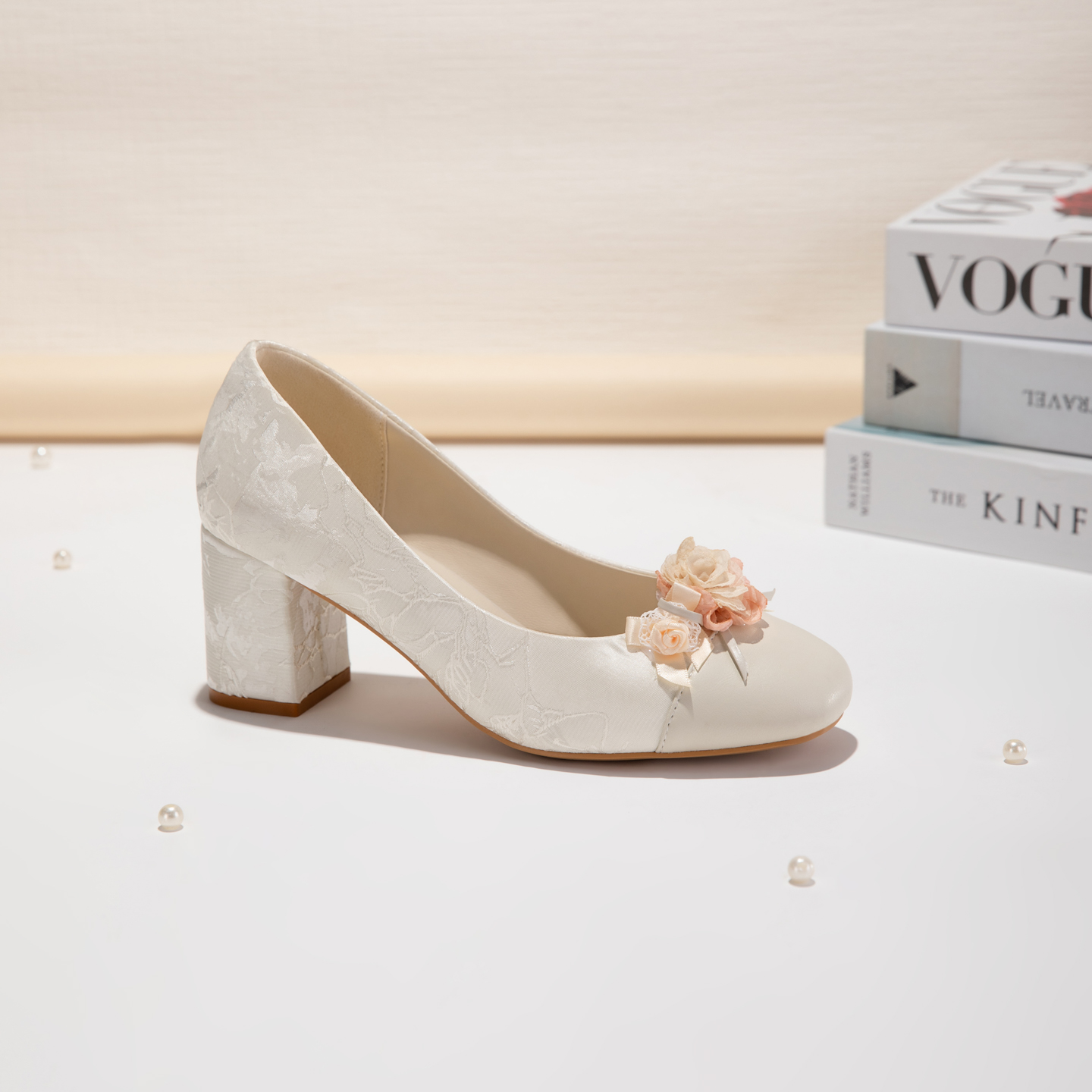 White Floral Block Heel Pumps, Elegant Square Toe Jacquard Women's Dress Shoes foto 3