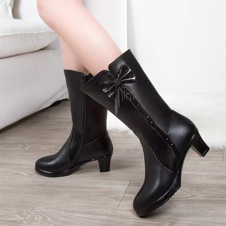Womens Mid-Calf Fleece-Lined Leather Boots With Chunky Heels For Warmth foto 4