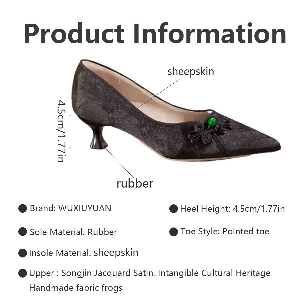 White Black Jacquard Pointed Toe Kitten Heel Pumps, Elegant Floral Accent Women's Dress Shoes Ivory Black Wedding & Party Pumps