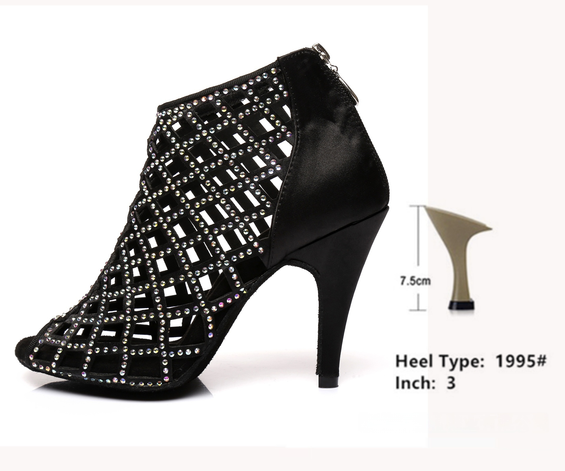 Black Satin Latin Dance Shoes Shiny Breathable High Heel foto 5