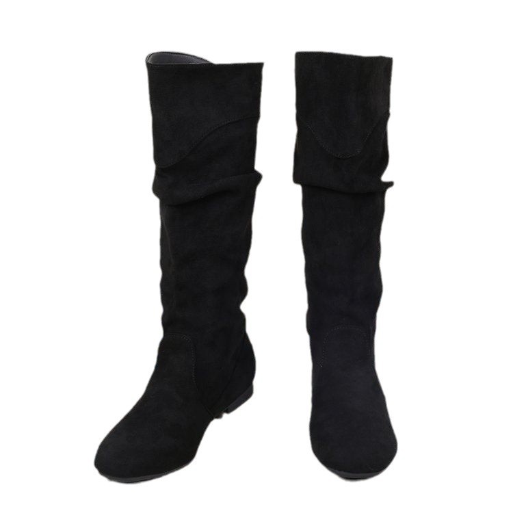 Womens Highshaft Pleated Suede Chunkyheel Boots foto 4