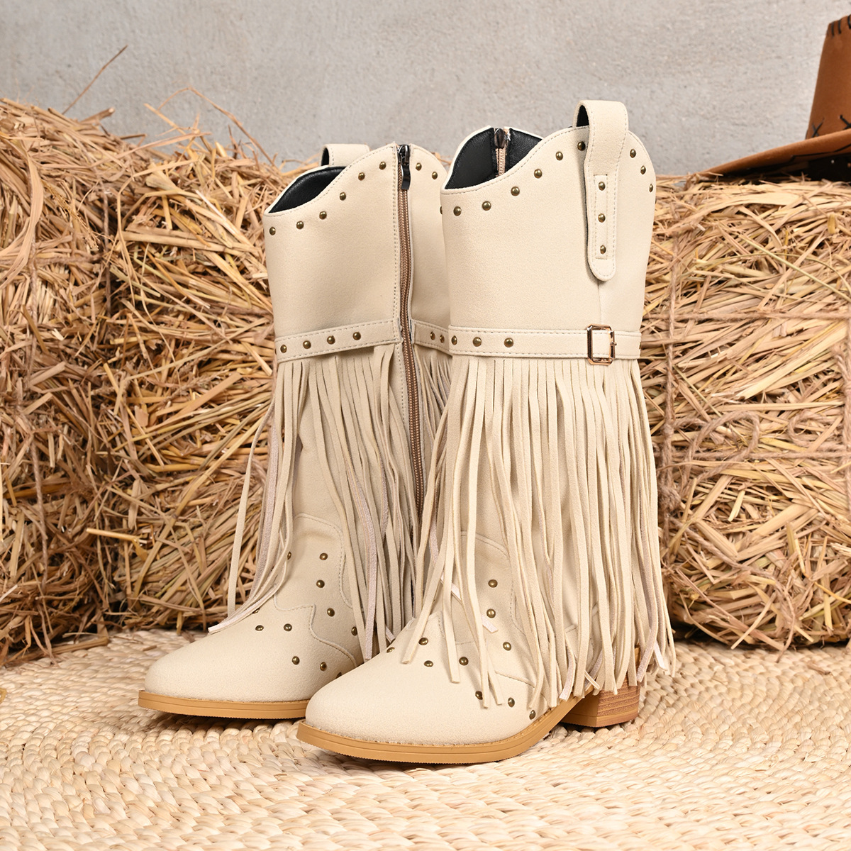 Western Cowboy Women's Boots Belt Buckle Rivet Tassel Big Middle Boots foto 3