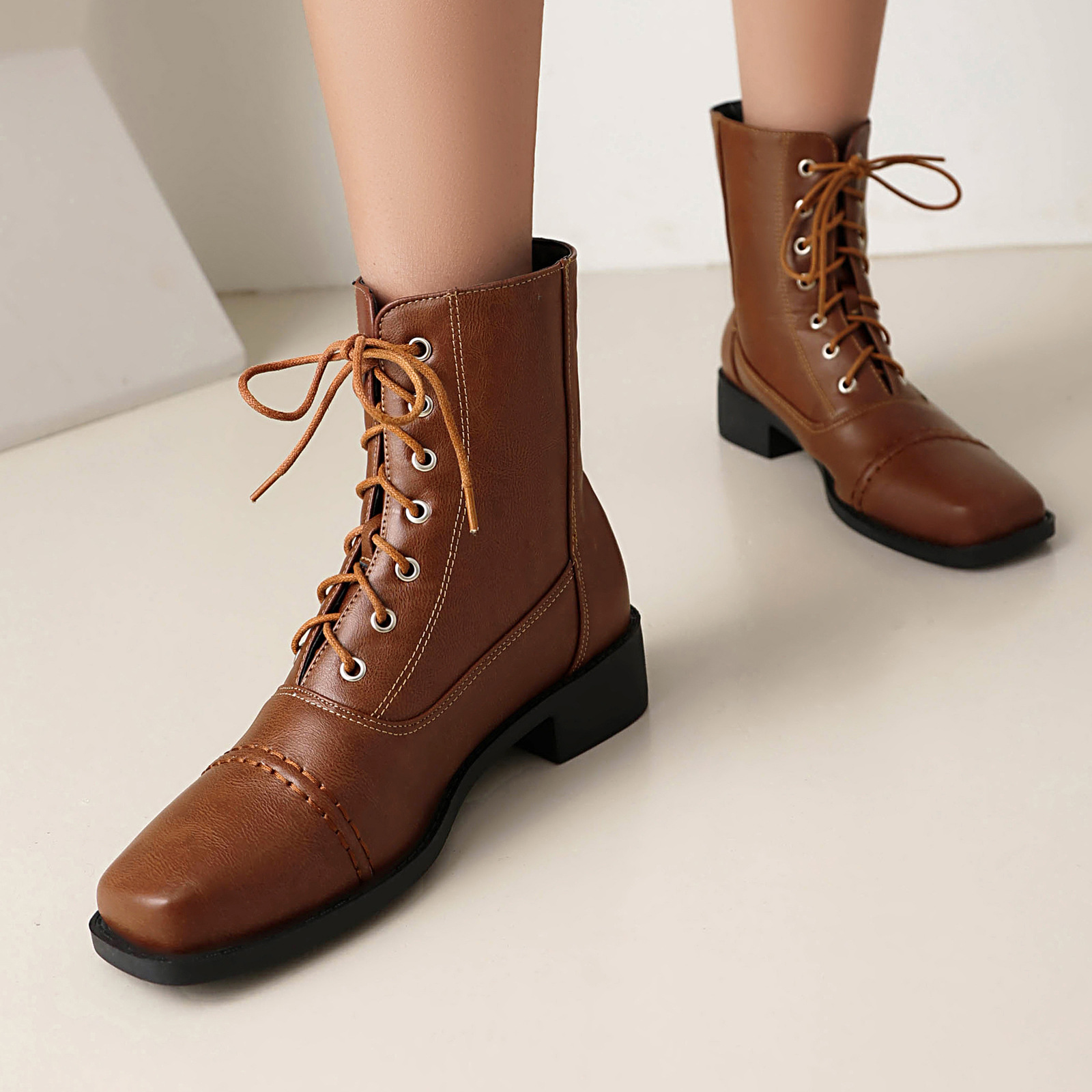 Womens Comfortable Lace-Up Square-Toe Outdoor Motorcycle Boots foto 5