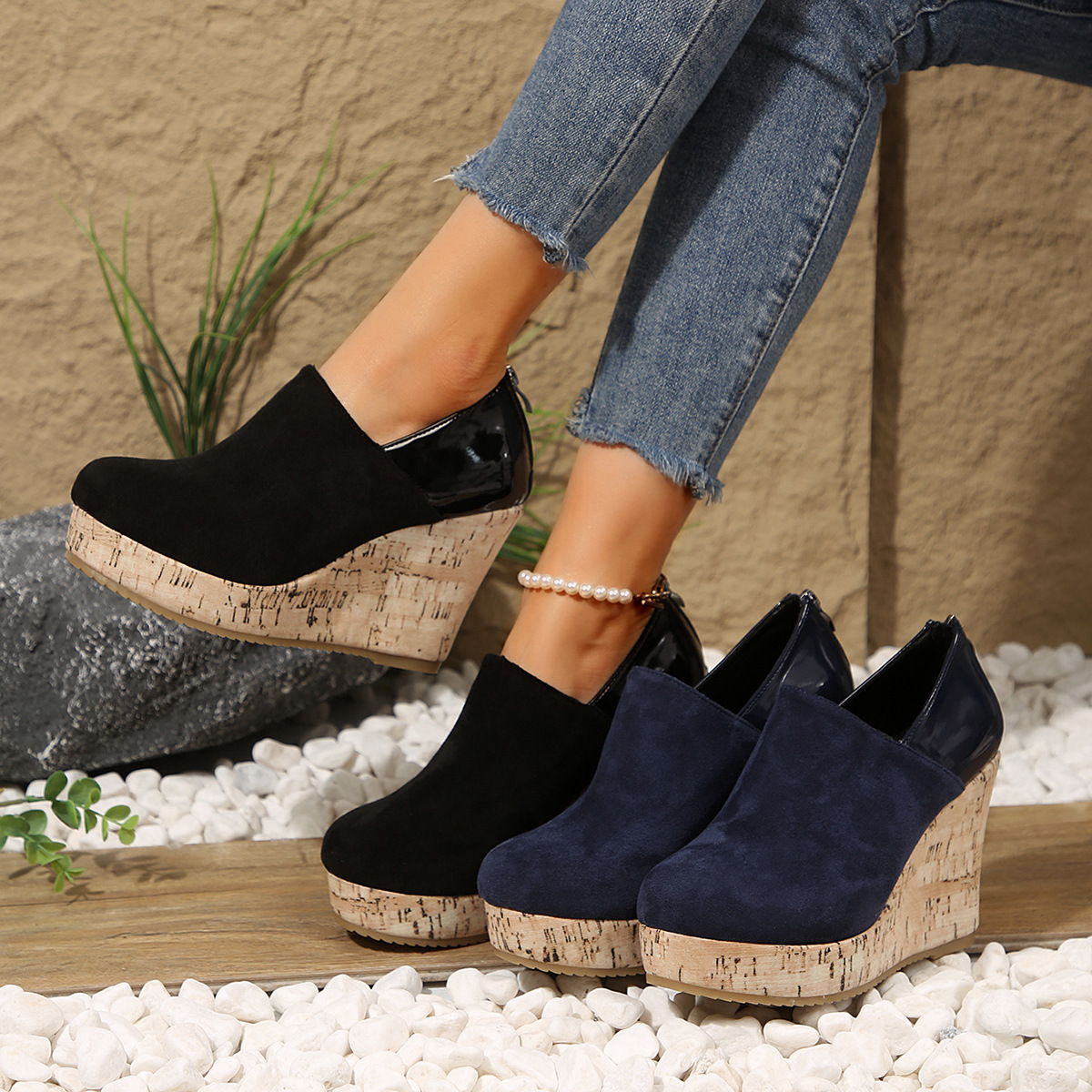 Women's Wedge Heels Spring New Arrival Suede And Leather Patchwork Design foto 2