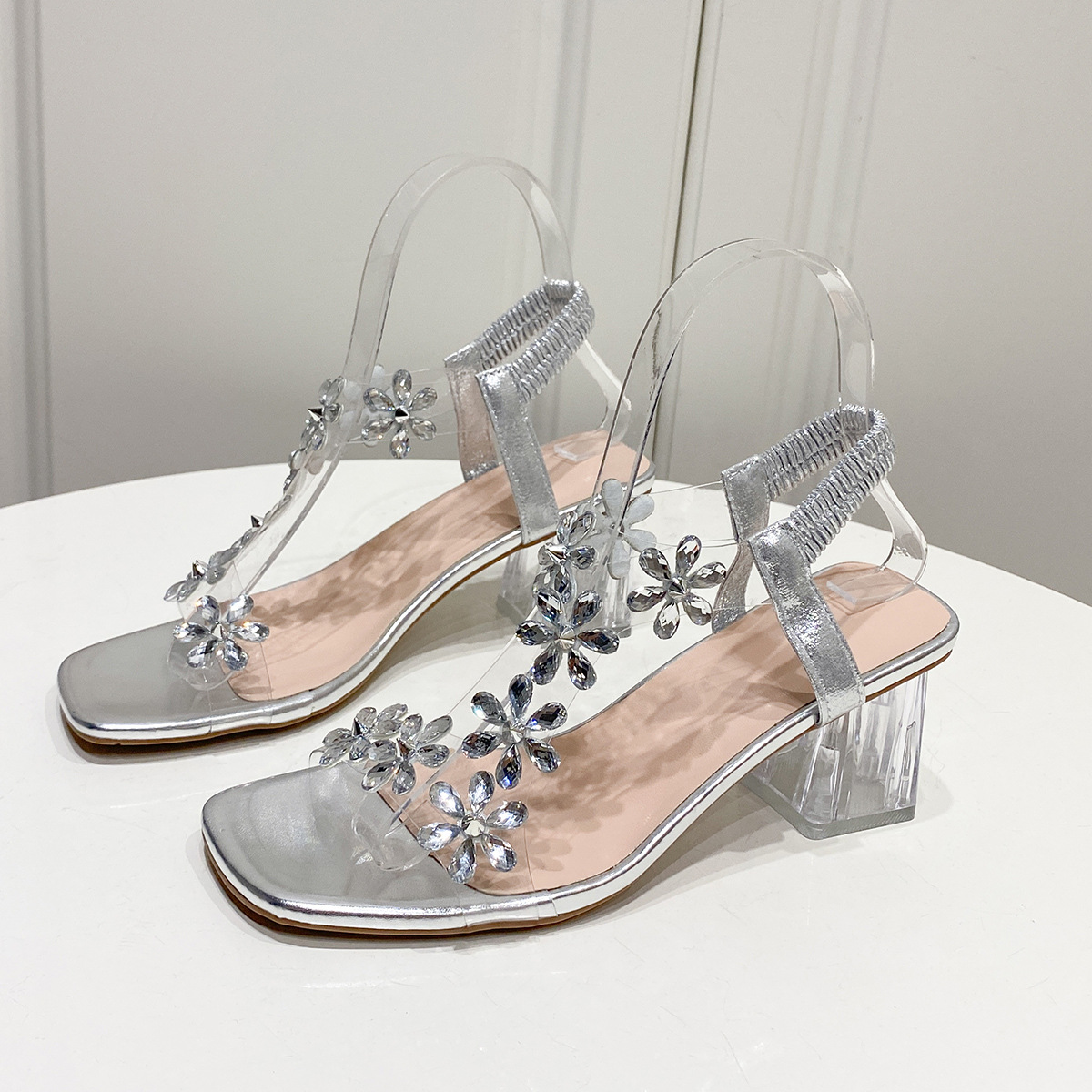 Fashion Flowers Sandals With Transparent High Square Heels Summer Square Toe Shoes For Women foto 4