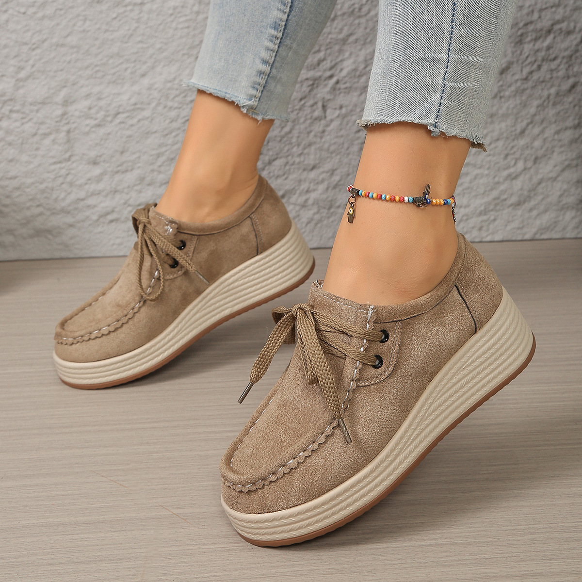 European And American-style Chunky-soled Womens Pumps With Front Laces Casual Chunky-soled Shoes foto 5
