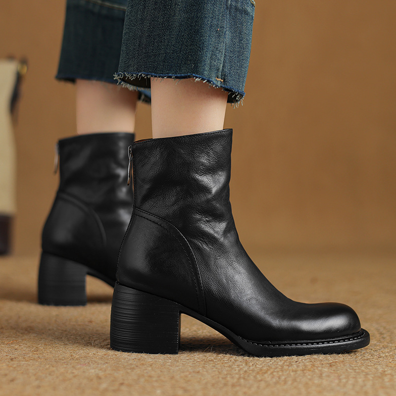 French-Style Retro Brown Round-Toe Ankle Boots foto 3
