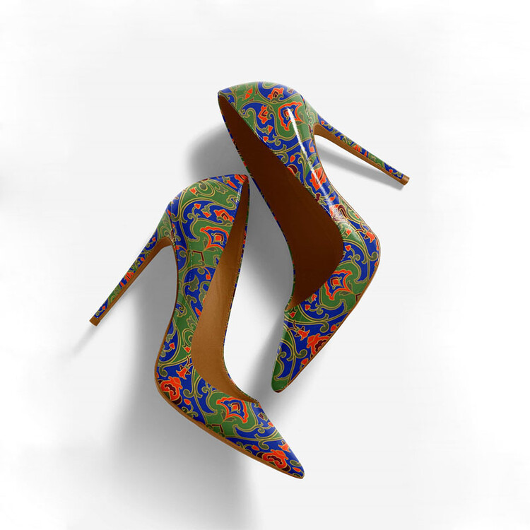 Womens Pointed-Toe Shallow-Mouth Vintage Pattern Stiletto Heels foto 2