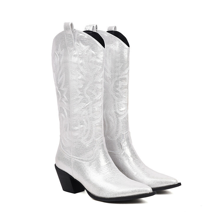 Tall Western-style Boots Adorned With Embroidered, Shimmering Fabric foto 2