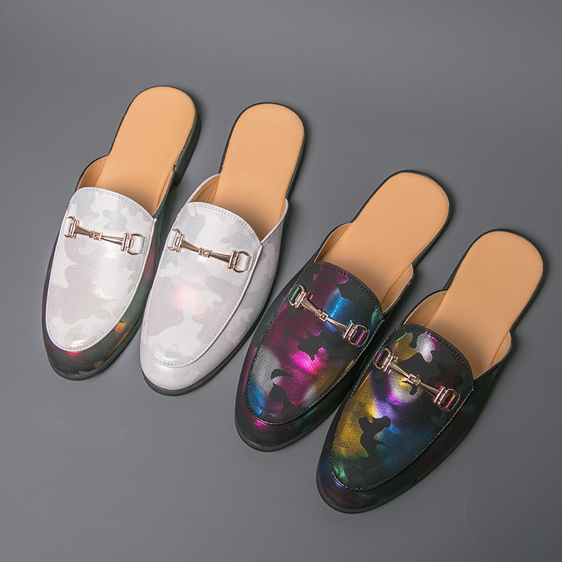 New Style Closed-Toe Half-Flip-Flops Mens Metallic Color Shallow-V Cut Leather Sandals foto 3