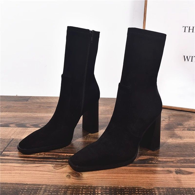 New Square Toe Fleece-lined New Chunky Heel French Boots foto 4