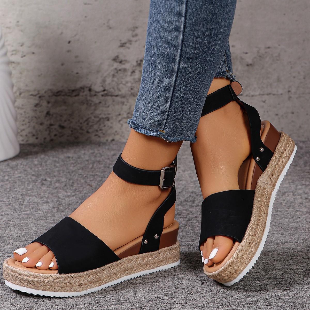 Women's Hemp Rope Wedge Peep Toe Sandals foto 2