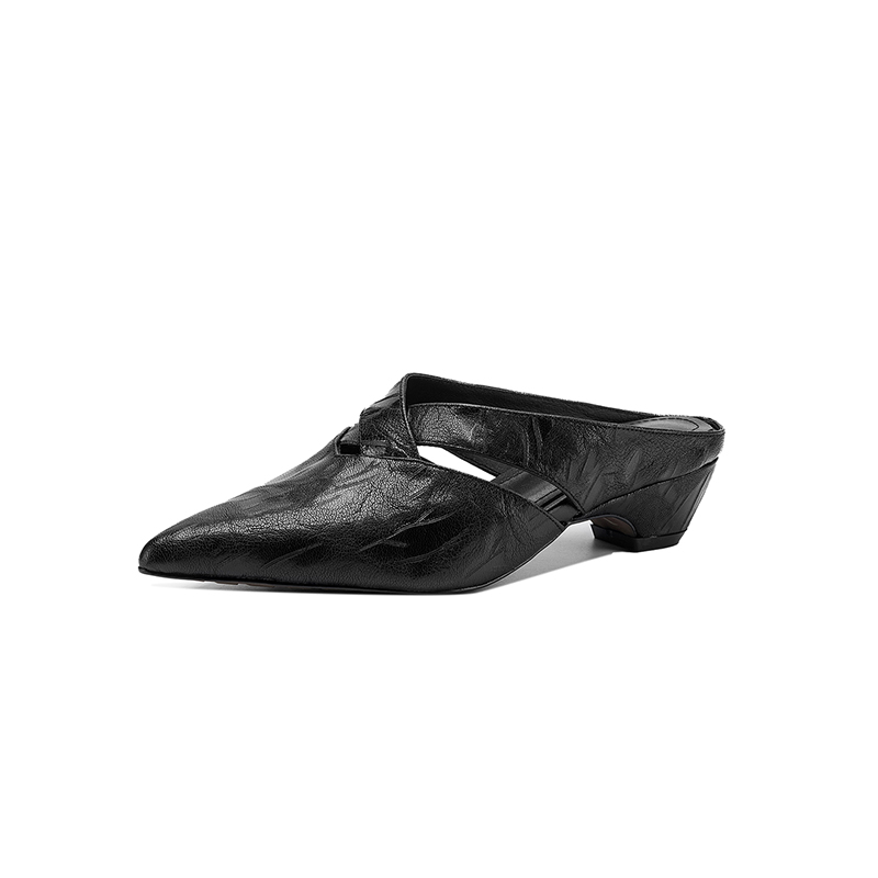 Women's Full-Grain Lambskin Pointed Toe Mules, Handmade Leather Crisscross Low Heel Slides foto 4