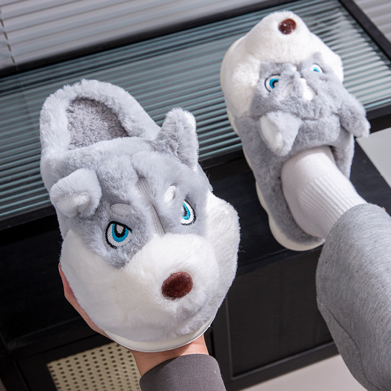 Cute Husky Cartoon Pure Cotton Slippers Men's Style Warm Indoor Slippers For Winter Home Use foto 2
