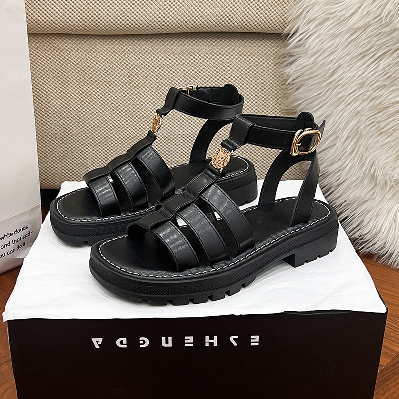 Summer Height-increasing Thick-soled Genuine Leather Retro Roman Flat Beach Sandals Flat Heel foto 3