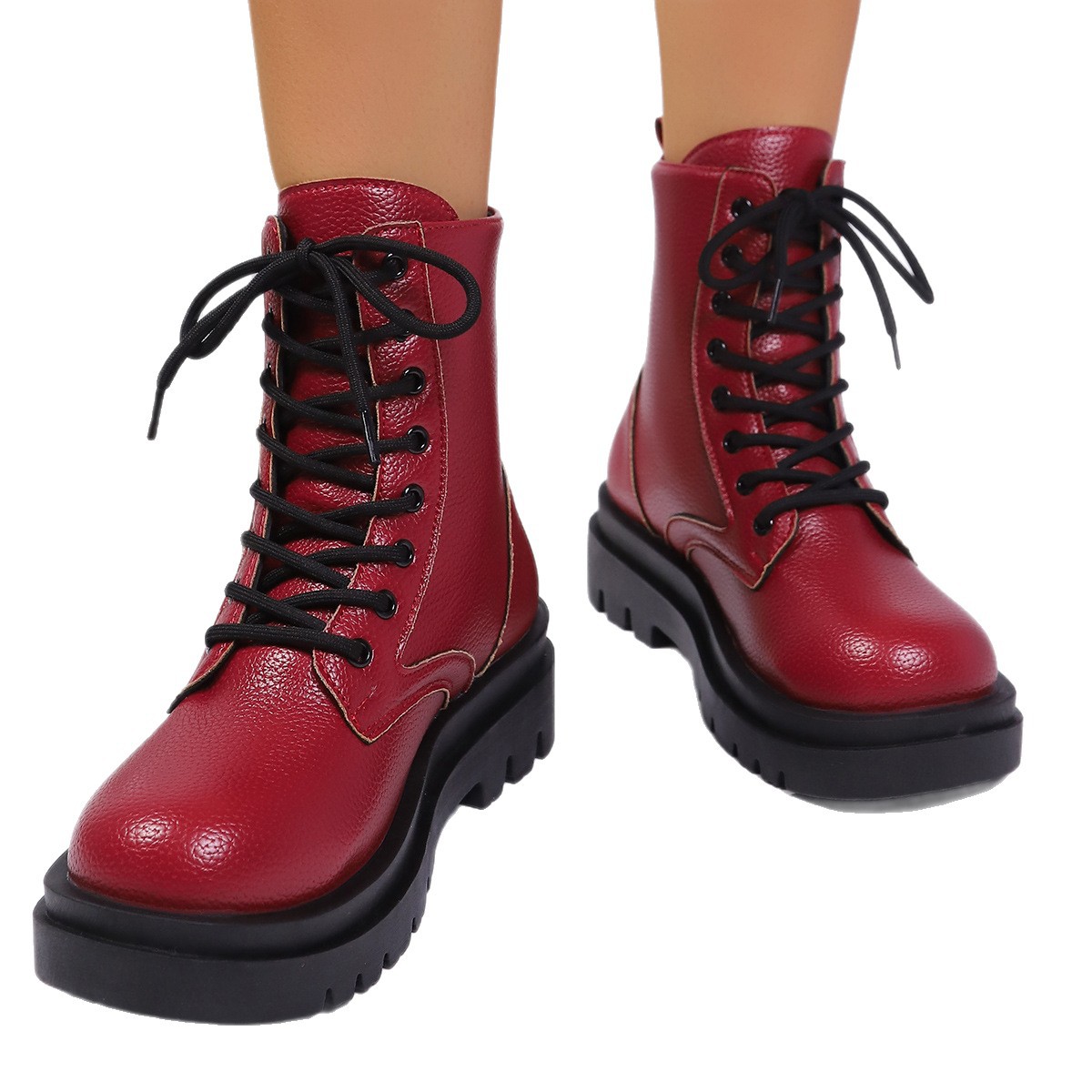 Women's Round-toe Plus-size Lace-up Chunky-sole Ankle Boots foto 4