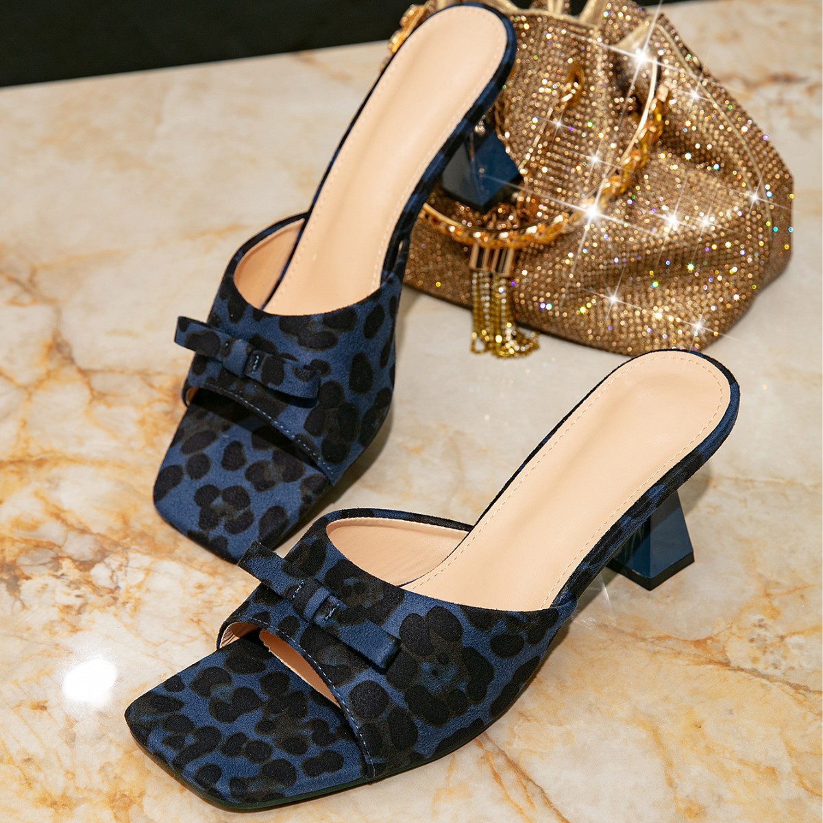 Womens Square-toe, Open-toe Leopard-print Chunky-heel Shoes foto 3