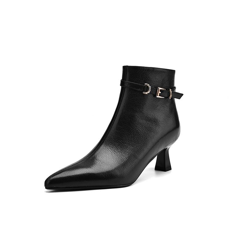 All-leather Fashion Boots Top-layer Sheepskin Stiletto Heel Pointed Toe Side Belt Buckle Chic Retro High Heels foto 3