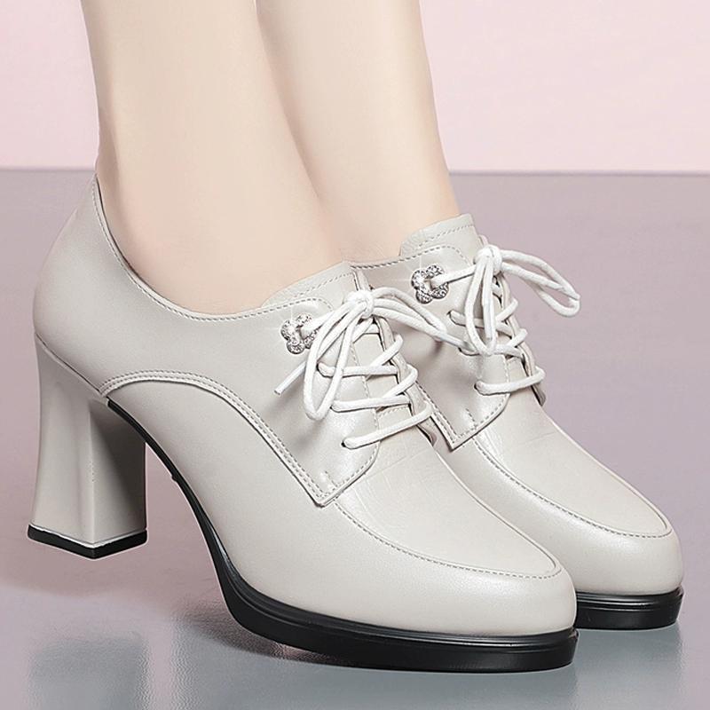 Fashionable And Versatile Womens Soft-leather Chunky-heel Shoes Durable For Spring And Autumn In A New Chinese Style foto 4