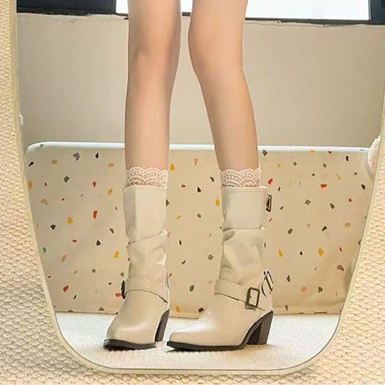 Retro Mid-calf Stacked Pointed-toe Chunky-heel Boots foto 5