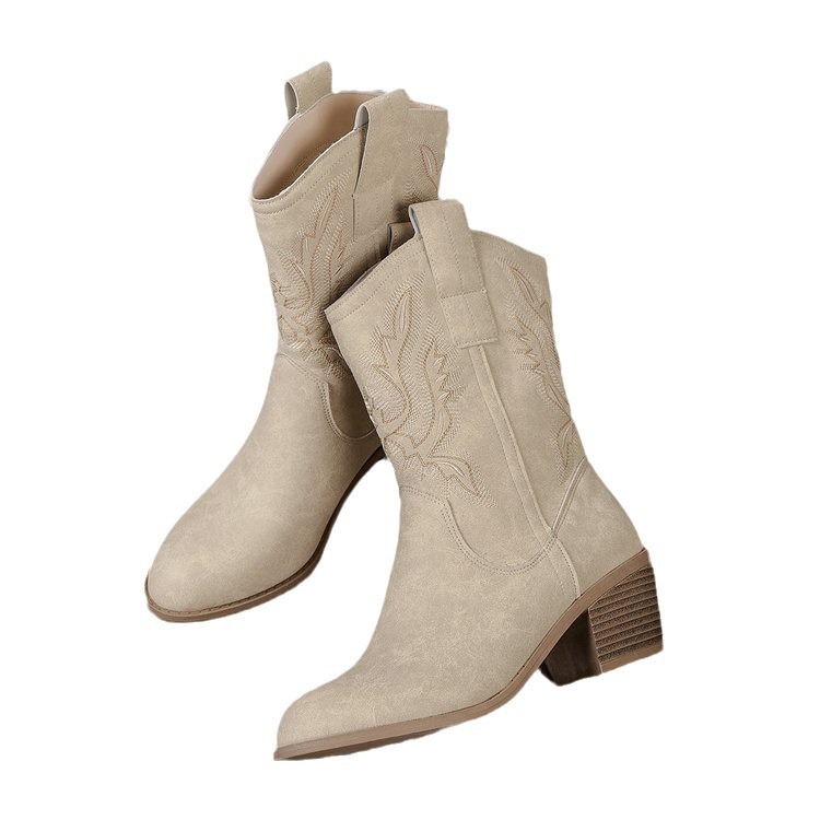 V Cut Embroidered Sleeve Thick Heel Middle Denim Women's Boots foto 4