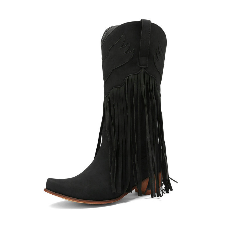 Womens Retro Mid-Calf Chunky Heel Round-Toe Boots foto 3