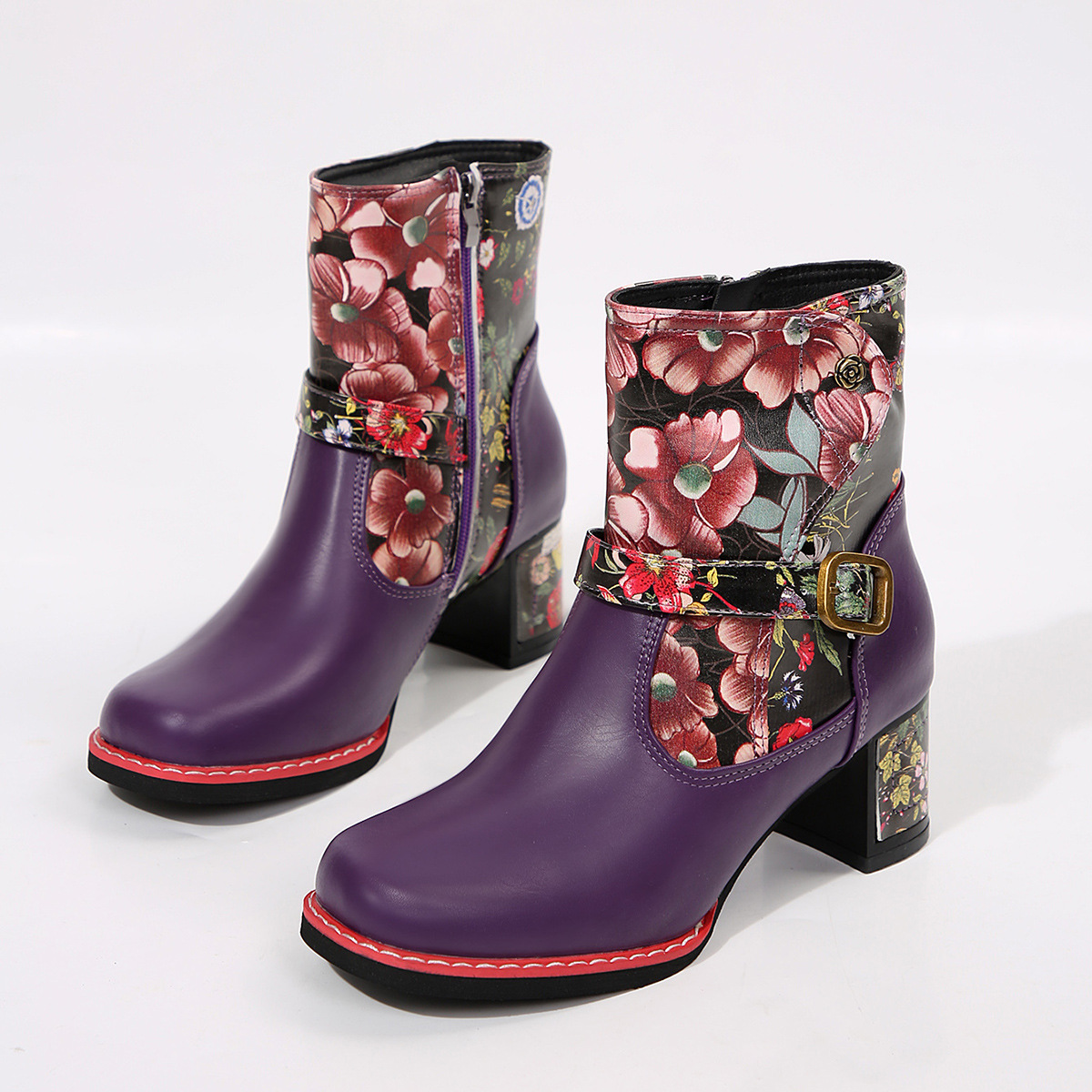 Women's Printed Stitching Round Head Thick Bottom Bootie foto 4