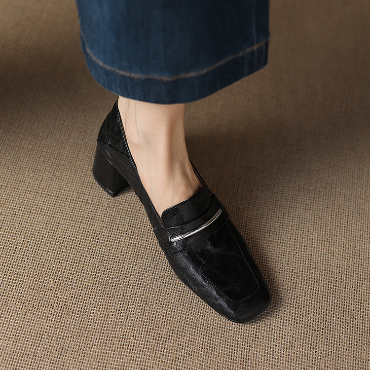 Womens Solid-color Square-toe Chunky-heel Sheepskin High Heels foto 4