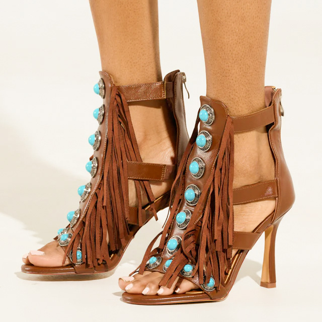 Women's Zipper Round Toe Hollow Tassel Sandals foto 4