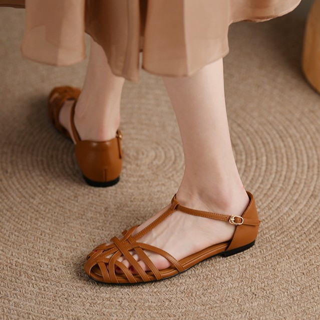 Women's T-shaped Solid Color Flat Sandals foto 4