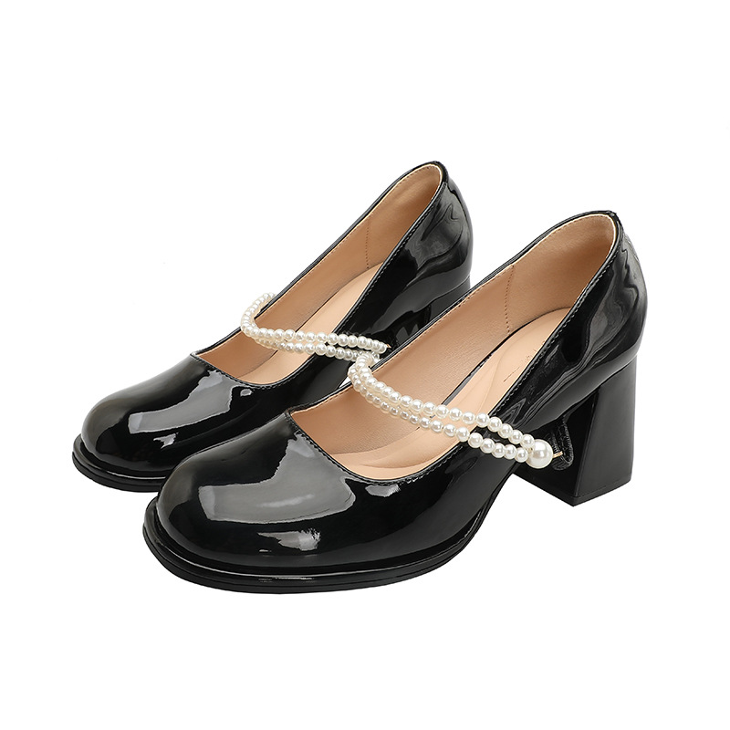 French Mary Jane Small Chunky Heel Fairy Style Pearl Lace-up High foto 5