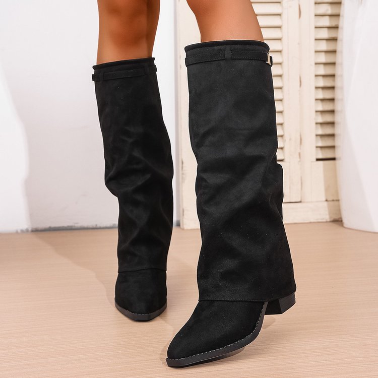 Pointed Toe High Tube Pants Boots Pleated Chunky Heel Sleeve foto 4