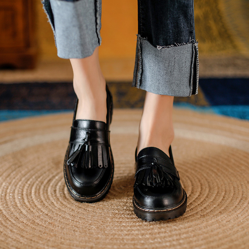 Tassel Retro Girls Artistic College Chunky Heel Loafers Leather Shoes foto 4