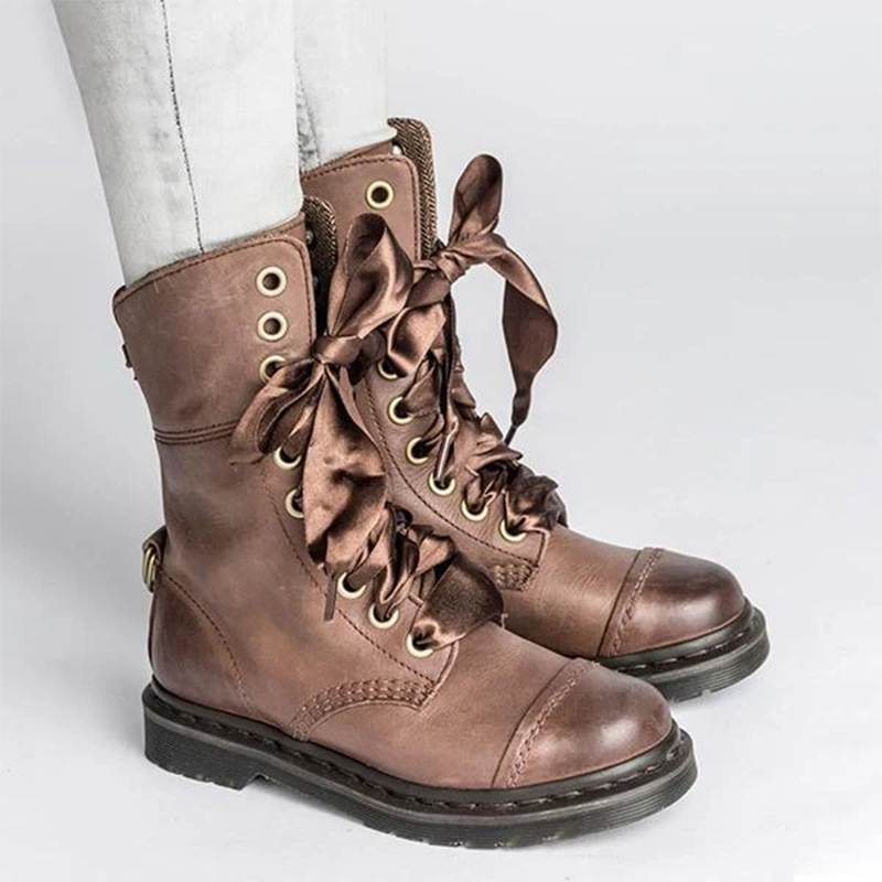 British-style Lace-up Round-toe Flat Ankle Boots For Women foto 3