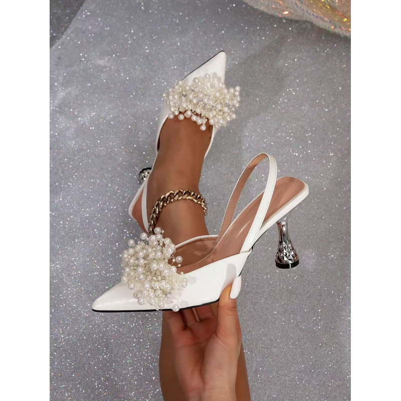 Fashionable Pearl-flower-shaped Square-bead Stiletto Sandals With A Pointed Toe And Ankle Strap For Women foto 5