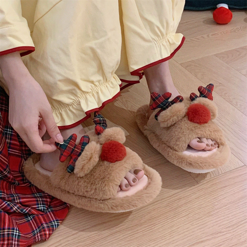 Indoor Cute One-word Cotton Slippers Autumn Women's Cartoon Fluffy Slippers foto 5