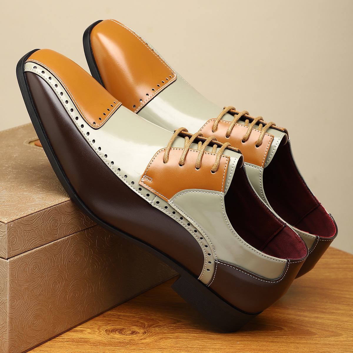 Men's Trendy Non-slip Breathable Leather Shoes Color Matching Business foto 4