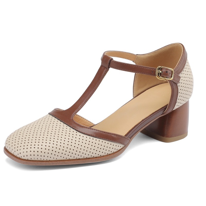 Womens Leather Mule Sandals With Color-block Design, Tstrap Buckle And Breathable Perforations foto 3